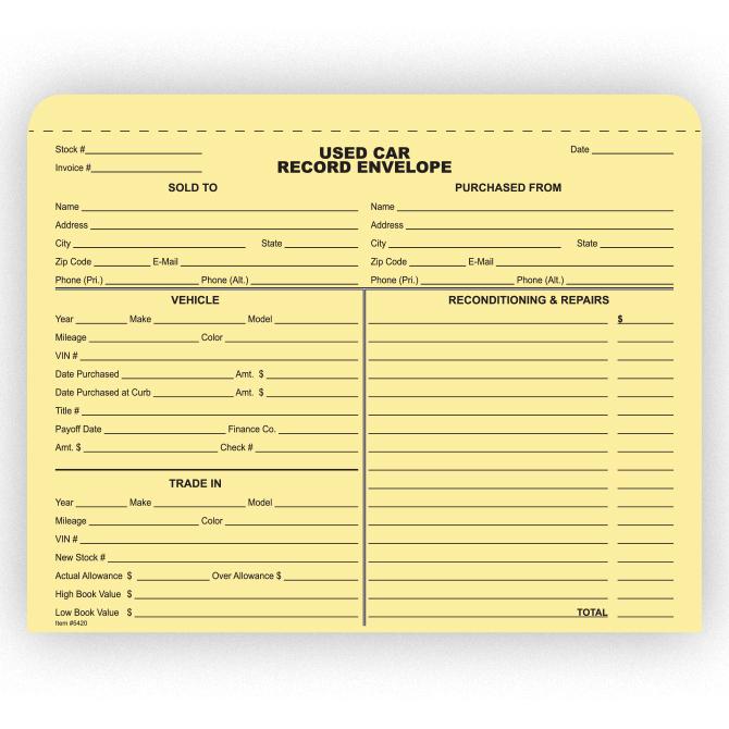 Used Car Record Envelope (500 Per Box)