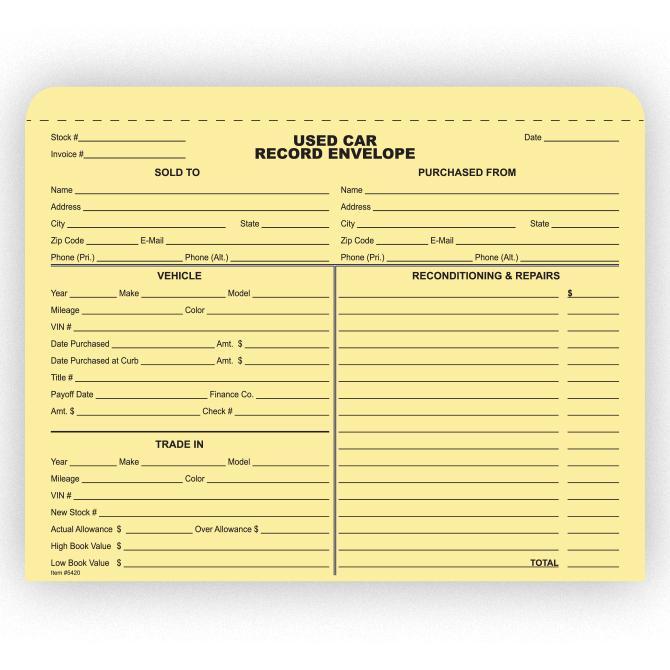 Used Car Record Envelope (100 Per Box)