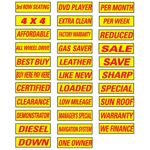 Slogan Window Stickers - Yellow and Red Sales Department The Dealership Store