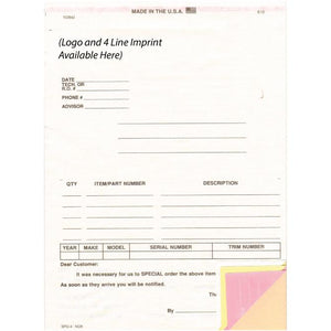 Imprinted Special Parts Order Forms Parts Department The Dealership Store (Form #SPO-4 / DSA-115-4)