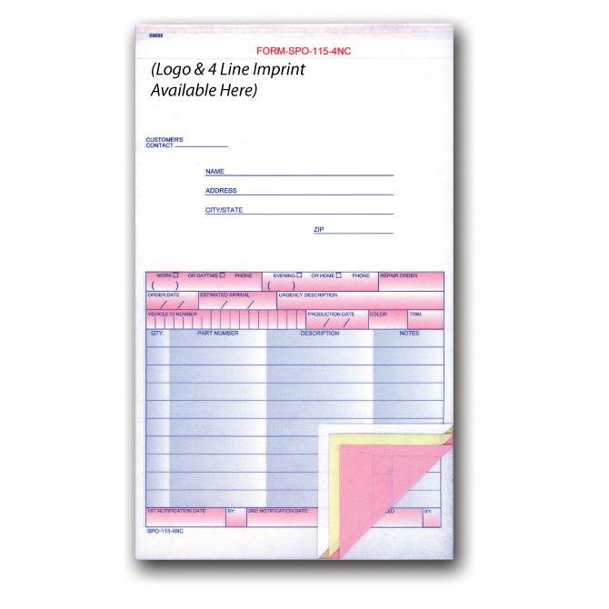 Imprinted Special Parts Order Forms