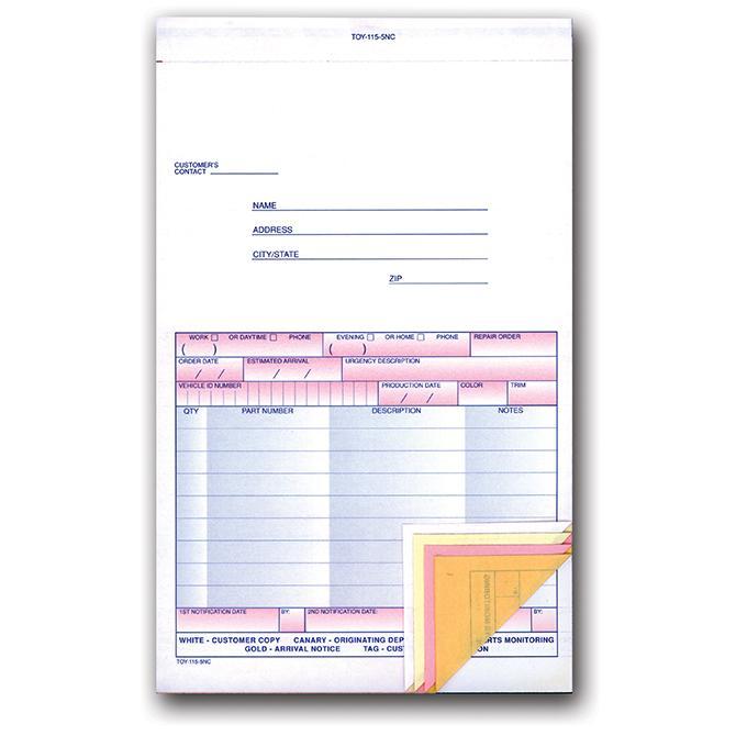 Special Parts Order Forms (Form TOY-115-5NC)