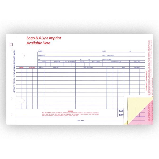 Imprinted Parts Invoice