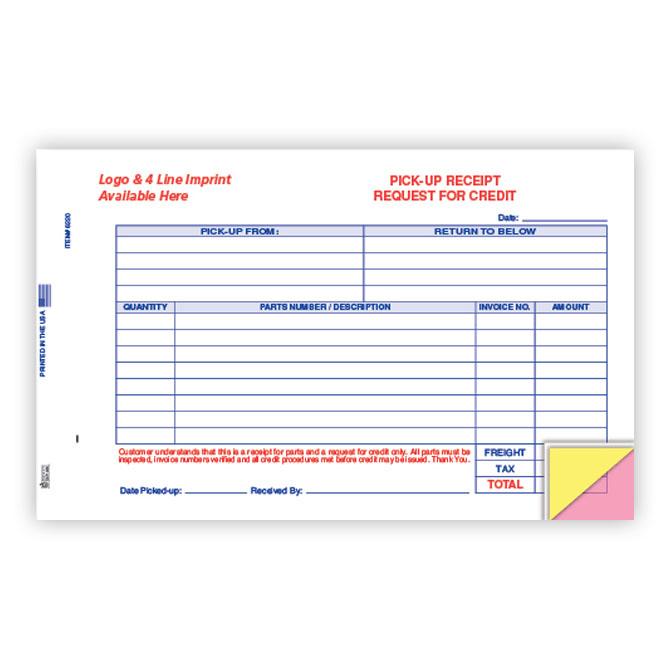 Imprinted Parts Pick-Up Receipt