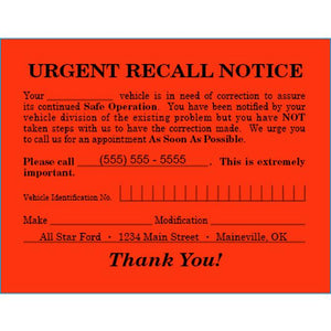 Imprinted Urgent Recall Notice Service Department The Dealership Store