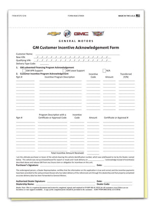 GM Customer Incentive & OnStar Acknowledgement Office Forms The Dealership Store