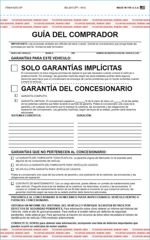 Imprinted Buyers Guide Sales Department The Dealership Store Implied Warranty - Spanish