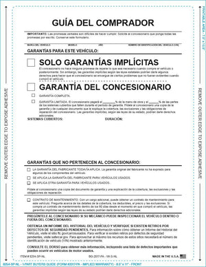 PEEL n SEAL™ 1-Part Buyers Guide - Implied Warranty - No Lines (Spanish) Sales Department The Dealership Store