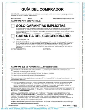 PEEL n SEAL™ Imprinted 1-Part Buyers Guide Sales Department The Dealership Store Implied Warranty - No Lines Spanish